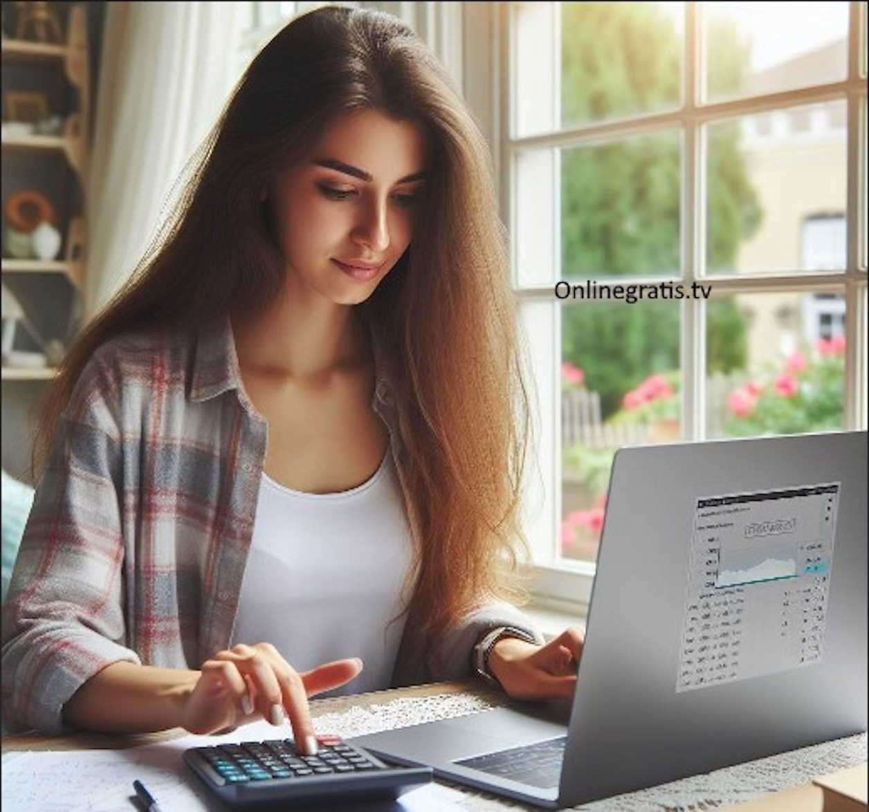 Una joven sonriente usando una calculadora online gratis en su portátil